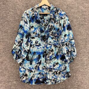 Rebecca Malone Shirt Women 2X Plus Blue Geometric Button Up Collared 3/4 Sleeve